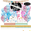 Een uitgebreid gender reveal versieringspakket met feestelijke decoraties en accessoires, klaar om het spannende moment van onthulling van het geslacht van de baby te vieren