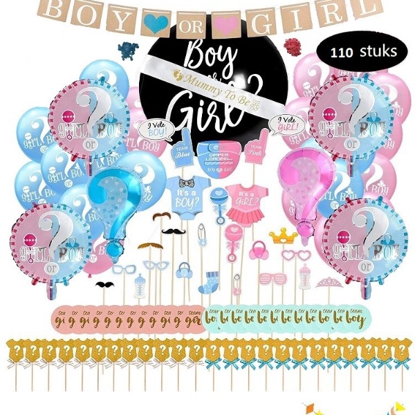 Een uitgebreid gender reveal versieringspakket met feestelijke decoraties en accessoires, klaar om het spannende moment van onthulling van het geslacht van de baby te vieren